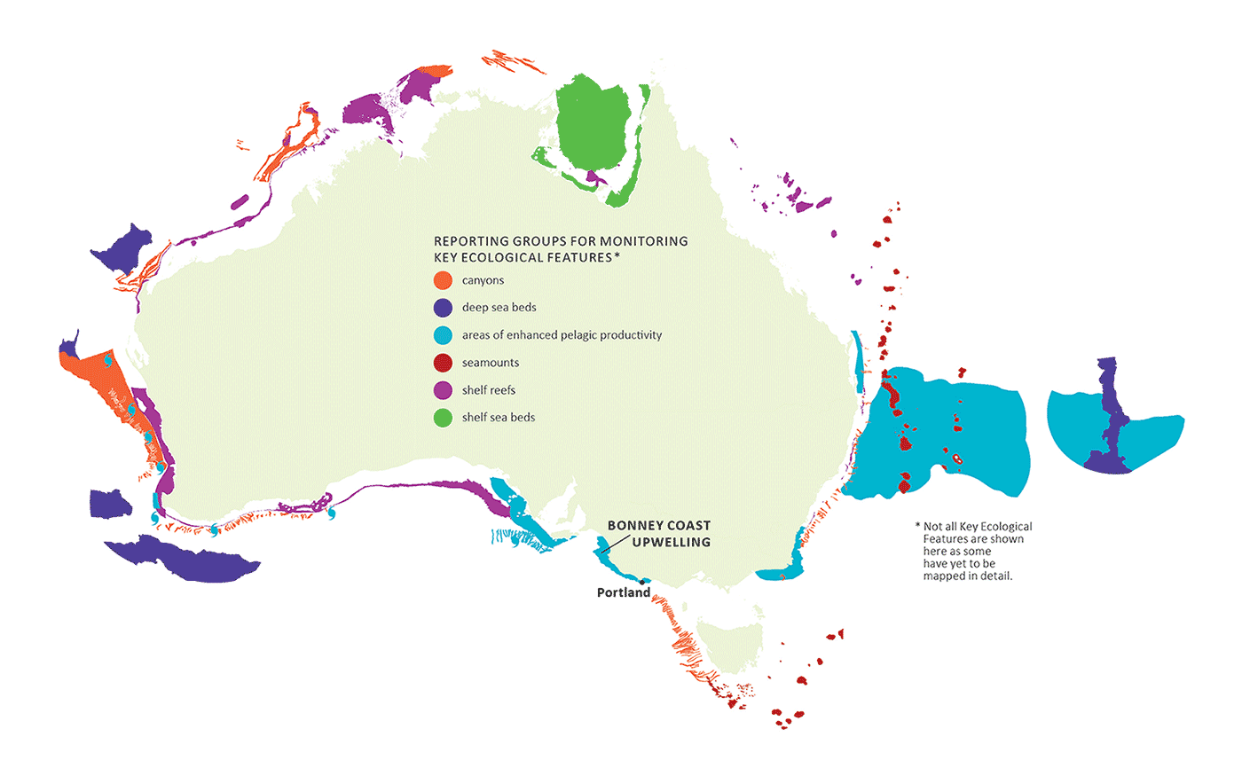 Map of Australia showing the reporting groups for monitoring key ecological features (text description below)